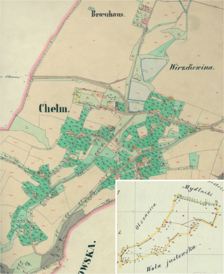 Centrum Chełmu na mapie katastralnej sporządzonej dla gminy katastralnej Chełm w 1850 roku oraz pochodzący
z lat 1847–1848 plan sytuacyjny z wyrysowanymi granicami gminy Chełm i lokalizacją gmin sąsiadujących
(Archiwum Narodowe w Krakowie, sygn. K. Krak. 102-III; sygn. WM 562, s. 563)