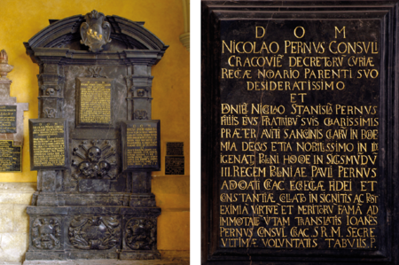Pomnik nagrobny Pernusów w kruchcie kościoła Mariackiego postawiony w latach 1678–1680
oraz zbliżenie epitafium Mikołaja Pernusa i jego synów Daniela, Mikołaja i Stanisława, zmarłych przed 1678 rokiem.
Fundatorem epitafium był czwarty syn Mikołaja Pernusa, Jan (nr 530)