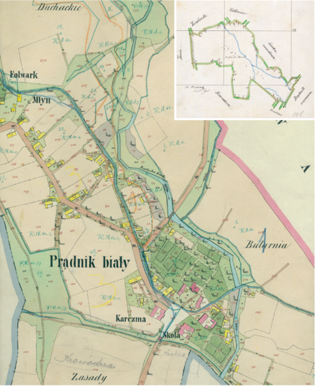 Centrum Prądnika Białego na mapie katastralnej sporządzonej dla gminy katastralnej Prądnik Biały w 1850 roku oraz pochodzący
z lat 1847–1848 plan sytuacyjny z wyrysowanymi granicami gminy Prądnik Biały i lokalizacją gmin sąsiadujących
(Archiwum Narodowe w Krakowie, sygn. K. Krak. 454 IV; sygn. WM 563a, nlb.)