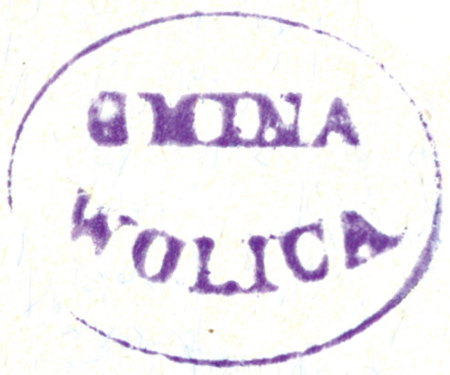 (1861)
Odciski pieczęci urzędowych Wolicy z lat
1861, 1926 i 1938
(Archiwum Narodowe w Krakowie,
sygn. 29/456/210, nlb.;
sygn. 29/286/61, nlb.; sygn. 29/1023/31, nlb.)