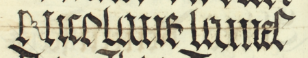 Z księgi radzieckiej Kazimierza obejmującej lata 1509–1533: fragment wpisu dokumentującego
wybór rady urzędującej na rok 1516, z rajcą Mikołajem Lamelem w składzie – zbliżenie zapisu imienia
(Archiwum Narodowe w Krakowie, sygn. K 8, s. 352–353)