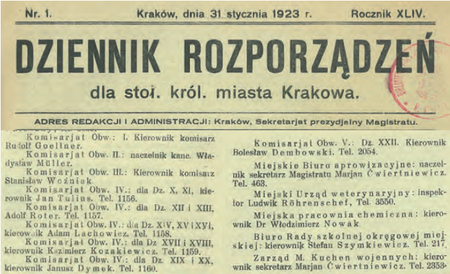 Komisarz Bolesław Dembowski w urzędowym zestawieniu
Reprezentacja stoł. król. m. Krakowa aktualnym na 31 grudnia 1922 r.
(DzRMK 1923, nr 1, s. 1, 9, 10)