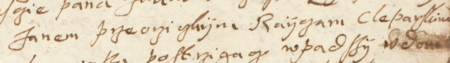 Z księgi protokołów sądu wójtowskiego jurydyki Biskupie obejmującej lata 1615–1629: fragment wpisu z 1625 roku dotyczącego
sprawy wytoczonej przez rajcę Szymona Kwakowicza (nr 132) przy udziale rajcy Jana Przeocznickiego, przeciwko
Jakubowi Ogiesie (Ociesza), przyszłemu wójtowi biskupskiemu, o gwałt domowy – oraz zbliżenie zapisu imienia i urzędu
(Archiwum Narodowe w Krakowie, sygn. Jur. I-20, s. 132)