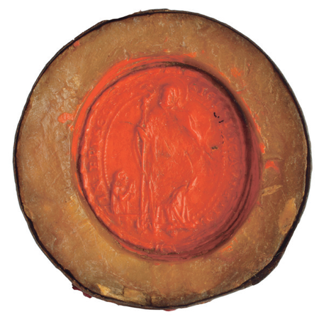 Pieczęć wójtowsko-ławnicza jurydyki Biskupie z dokumentu wydanego w 1605 roku przez wójta i ławników biskupskich w sprawie sprzedaży
domu przez Jana Witowskiego zwanego Praga, późniejszego wójta jurydyki: w centrum pieczęci postać św. Stanisława w stroju pontyfikalnym
z pastorałem w lewej ręce, prawą ręką błogosławiącego półpostać Piotrowina wychylającego się z grobu z rękami złożonymi do modlitwy
(Archiwum Narodowe w Krakowie, sygn. Aug. 215)