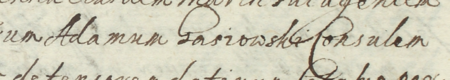Z akt sądowych wielkorządcy krakowskiego obejmujących lata 1623–1645: początkowy fragment wpisu z 1623 roku
dokumentującego sprawę sądową między Zofią Ciepielowską, po drugim mężu Będkowską,
a Adamem Gaszowskim, rajcą kleparskim – oraz zbliżenie zapisu imienia i urzędu
(Archiwum Narodowe w Krakowie, sygn. Teut. 70, s. 20)