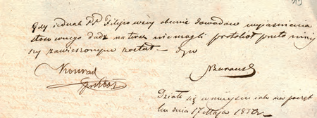 Z akt senackich Wolnego Miasta Krakowa dotyczących budownictwa ziemnego końcowy fragment dokumentu z 1850 r. –
protokołu z postępowania rozgraniczającego, z podpisem komisarza Józefa Konrada
(Archiwum Narodowe w Krakowie, sygn. WMK V-90, s. 313)