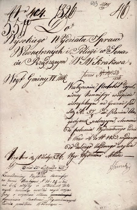 Z akt Wolnego Miasta Krakowa dotyczących spraw gruntowych dokument z 1826 r. – korespondencja
wójta Jana Kantego Siweckiego z Wydziałem Spraw Wewnętrznych i Policji w Senacie Rządzącym
(Archiwum Narodowe w Krakowie, sygn. WMK VI-60, s. 633)