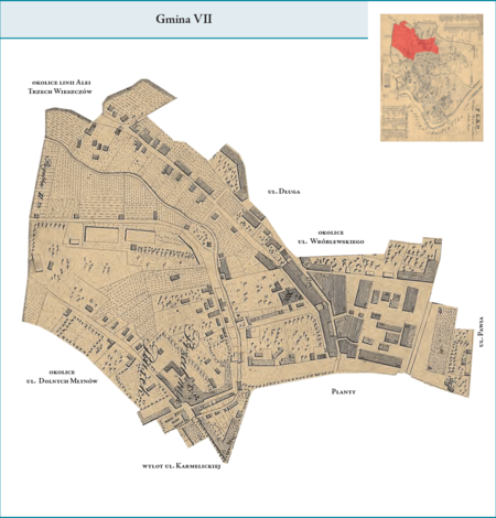 Gmina VII według stanu z roku 1816 na przywołanym wcześniej planie miasta z 1831 r. – odnosząc się do dzisiejszego stanu
i nazewnictwa: jej południowa granica przebiegała linią Plant od rejonu wylotu ul. Lubicz do wylotu ul. Karmelickiej, dalej fragmentem tej
ulicy, skręcając na północny zachód i biegnąc okolicami ulic Dolnych Młynów i Czarnowiejskiej, do ówczesnej linii okopów, to jest okolicy
obecnych Alei Trzech Wieszczów, dalej tą linią na północ, skręcając następnie na wschód do wylotu ul. Długiej i biegnąc tą ulicą
ku południu, do pl. Słowiańskiego, aby na tej wysokości skręcić na wschód, w okolicę ul. Wróblewskiego, osiągnąć ul. Pawią i tą ulicą dojść
do Plant w rejonie wylotu ul. Lubicz. Tym samym Gmina VII objęła tereny ówczesnego Przedmieścia Piasek i południową część Przedmieścia
Kleparz. Użyte tutaj i przy powyższym planie dzielnicy nazwy terenowe podano według nazewnictwa obowiązującego aktualnie.