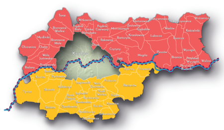 Na planie zakreślającym dzisiejsze granice Krakowa miejscowości przyłączone do Krakowa po 1915 roku, oznaczone kolorami
określającymi ich przynależność wojewódzką i prowincjonalną dla okresu do pierwszego rozbioru Polski w 1772 roku:
do województwa krakowskiego – kolorem czerwonym, do Królestwa Galicji i Lodomerii, kraju prowincjonalnego monarchii
habsburskiej – kolorem żółtym