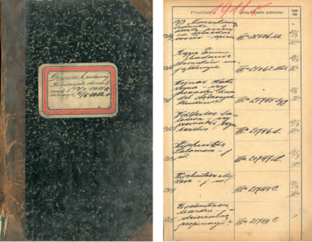 Przód okładziny i przykładowa strona zachowanego w całości
Dziennika podawczego Komisaryatu Obwodu IV z lat 1911–1912
(Archiwum Narodowe w Krakowie, sygn. Kr 4698, okładzina, nlb)