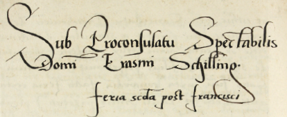 Z księgi radzieckiej obejmującej lata 1538–1540 strony 350–351 nagłówkiem wpisów spraw
za kadencji burmistrzowskiej Erazma Schilinga w 1539 roku – oraz powiększenie zapisu imienia i funkcji burmistrza
(Archiwum Państwowe w Krakowie, sygn. rkps 437, s. 350–351)