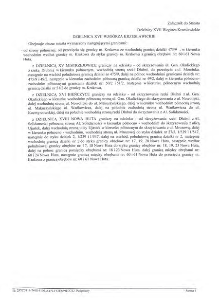 Z oryginału uchwały nr XCIX/1511/14 Rady Miasta Krakowa z dnia 12 marca 2014 r.
w sprawie organizacji i zakresu działania Dzielnicy XVII Wzgórza Krzesławickie w Krakowie
(Statut Dzielnicy XVII Wzgórza Krzesławickie)