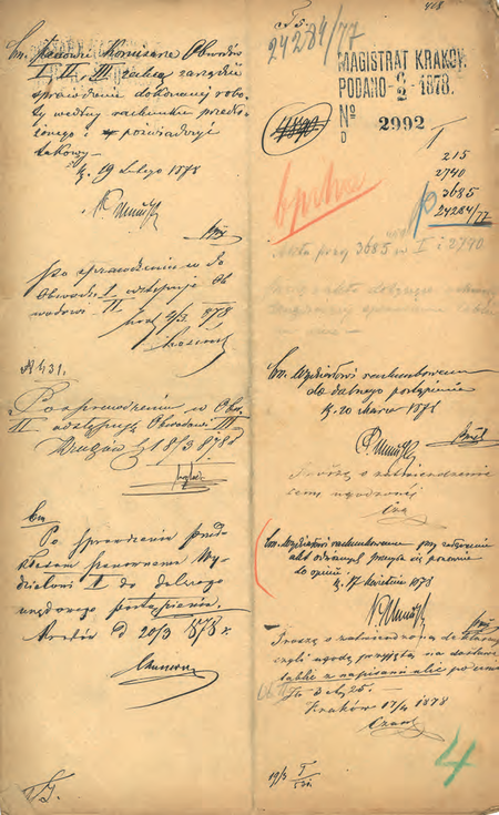 Z akt magistrackich Tabliczki orientacyjne dla budynków od roku 1877 do 1892 roku polecenie wydane w 1878 r.
komisarzom obwodowym, aby skontrolowali zgodność rachunków za wykonane prace ze stanem rzeczywistym –
pod poleceniem adnotacja komisarza Karola Kosińskiego o przekazaniu rachunku do kolejnego obwodu
(Archiwum Narodowe w Krakowie, sygn. Kr 7534, nlb)