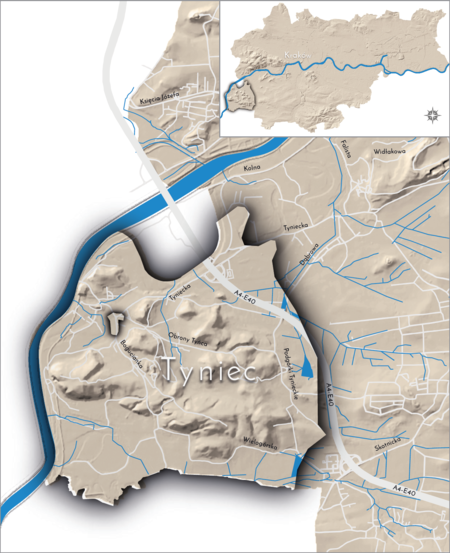 Orientacyjna lokalizacja dawnej wsi Tyniec w obecnych granicach Krakowa – na planie miasta oznaczono
jej położenie w kształcie wyznaczonym granicami jednostki katastralnej, jaką stanowiła, ze wskazaniem najstarszego,
historycznego centrum Tyńca w rejonie dzisiejszej ulicy Bogucianka