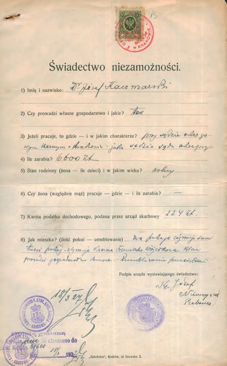 Z akt Sprawy paszportowe 1927 wystawione w 1927 r. świadectwo niezamożności
poświadczone przez komisarza Ferdynanda Mrozińskiego
(Archiwum Narodowe w Krakowie, sygn. StGkr 439, s. 13)