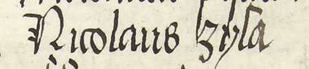 Z księgi radzieckiej Kazimierza obejmującej lata 1481–1508: fragment wpisu dokumentującego
wybór rady urzędującej na rok 1487, z Mikołajem Zylą w składzie – oraz zbliżenie zapisu imienia
(Archiwum Narodowe w Krakowie, sygn. K 7, s. 107)