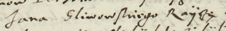 Z akt sądowych wielkorządcy krakowskiego obejmujących lata 1580–1583: fragment wpisu z 1582 roku dotyczącego
roszczenia o zwrot kwoty przekazanej rajcy Stanisławowi Kałużnemu (nr 101) za jego życia, adresowanego do opiekunów
potomków zmarłego rajcy, wśród których znajdował się Jan Śliwowski, rajca kleparski – zbliżenie zapisu imienia i urzędu
(Archiwum Narodowe w Krakowie, sygn. Teut. 67, s. 258)