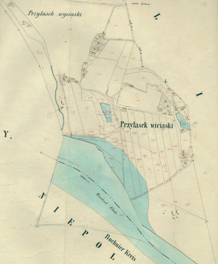 Przywiślany fragment Przylasku Wyciąskiego na mapie katastralnej
sporządzonej dla gminy katastralnej Przylasek Wyciąski w 1850 roku
(Archiwum Narodowe w Krakowie, sygn. K. Krak. 713 VII)