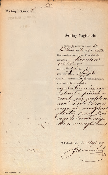 Z magistrackich ksiąg realności sporządzony w 1899 r. raport komisarza Józefa Wojciecha
Wiśniowskiego dotyczący niewykonania zaleceń pokontrolnych przez właściciela realności przy
pl. Matejki Laurentego Gromczakiewicza, byłego komisarza tegoż Obwodu II
(Archiwum Narodowe w Krakowie, sygn. Kr 7301, nlb)