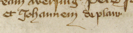 Z księgi miejskiej rachunkowej zawierającej wpisy z lat 1390–1391 pierwsze strony księgi z początkiem rejestru wydatków
i dochodów z 1390 roku, gdzie zostali wymienieni urzędujący ówcześnie rajcy – oraz powiększenie zapisu imienia
(Archiwum Państwowe w Krakowie, sygn. rkps 1587, s. 0–1)