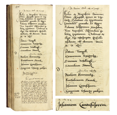 Z księgi radzieckiej obejmującej lata 1542–1545 strona 406 z wykazem rajców urzędujących nominowanych
na rok 1544, wśród których znajduje się Jan Kluczowski – oraz powiększenie zapisu imienia i konwisarskiej profesji
(Archiwum Państwowe w Krakowie, sygn. rkps 438, s. 406)