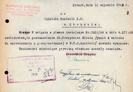 Z magistrackich Akt kontroli miejskich urzędów obwodowych w Krakowie 1946–1950
wewnątrzurzędowe pismo sporządzone w 1948 r. przez kierownika Stanisława Ślizowskiego
(Archiwum Narodowe w Krakowie, sygn. 29-699-683, nlb)