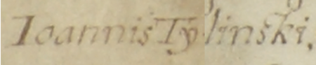 Pierwsza strona dokumentu wystawionego w 1703 roku w Malborku przez Augusta II Mocnego, w którym na wniosek
przedstawicieli cechu piwowarów kleparskich, w gronie których był Jan Tyliński, król potwierdził szereg wcześniejszych
aktów ustanawiających statut tego cechu (powiększenie inicjału dynastii saskiej „S” na kolejnej stronie) –
oraz zbliżenie zapisu imienia (Archiwum Narodowe w Krakowie, sygn. perg. 827)