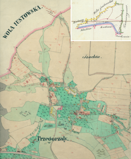 Centrum Przegorzał na mapie katastralnej sporządzonej dla gminy katastralnej Przegorzały w 1848 roku oraz pochodzący
z lat 1847–1848 plan sytuacyjny z wyrysowanymi granicami gminy Przegorzały i lokalizacją gmin sąsiadujących
(Archiwum Narodowe w Krakowie, sygn. K. Krak. 488 I; sygn. WM 563a, nlb.)