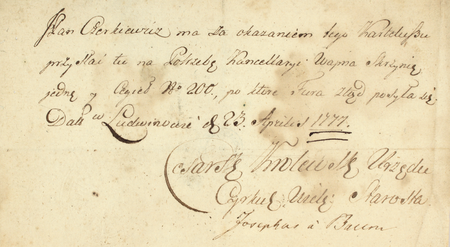 Z akt dotyczących cegielni we wsi Ludwinów w latach 1773–1781: powyżej – wystawione w 1774 roku przez burmistrza (tu zwanego prezydentem) miasta Kazimierza
pokwitowanie opłacenia podatku od gruntu i cegielni w Ludwinowie przez ówczesnego ich dzierżyciela, rajcę i burmistrza kazimierskiego Tomasza Czerkiewicza.
Kazimierz był wówczas pod okupacją austriacką i tam mieściła się siedziba starosty, któremu Ludwinów administracyjnie podlegał; niżej – zamówienie na dostawę
złożone w cegielni na ręce Tomasza Czerkiewicza przez austriackiego starostę Józefa Bauma von Appelshofena w 1777 roku; wówczas Kazimierz był już z powrotem
w granicach Rzeczypospolitej, a starosta przeniósł swoją siedzibę z Kazimierza do Ludwinowa (Archiwum Narodowe w Krakowie, sygn. GmP XI-1, s. 31, 19)