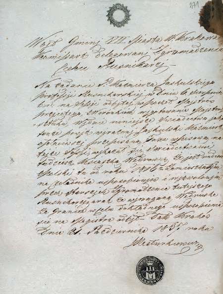 Z akt Wydziału Spraw Wewnętrznych i Policji Wolnego Miasta Krakowa z lat 1816–1848
fragment świadectwa wystawionego w 1837 r. przez wójta Józefa Nasturkiewicza
(Archiwum Narodowe w Krakowie, sygn. WMK VI-28, s. 271)