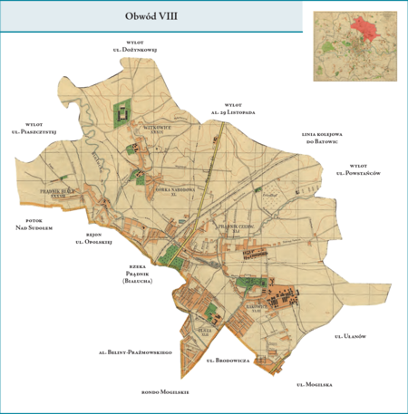 Obwód VIII według stanu z roku 1941 na przywołanym wcześniej planie miasta z 1943 r. – kolejna dzielnica
administracyjna powstała w całości na terenach przyłączonych do miasta w 1941 r. Obejmowała nowo powstałe dzielnice
katastralne XXXVIII–Prądnik Biały, XXXIX–Witkowice, XL–Górka Narodowa, XLI–Prądnik Czerwony,
XLII–Olsza i XLIII–Rakowice. Obwód ten zajmował zatem powierzchnie, o które poszerzono miasto od stron
północno-wschodniej i wschodniej. Użyte przy powyższym planie dzielnicy nazwy terenowe podano według nazewnictwa
obowiązującego aktualnie.