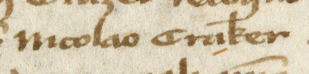 Z księgi radzieckiej obejmującej lata 1412–1449 fragment strony 343 z wpisem z 1435 roku, w którym stwierdzono,
że w poniedziałek w oktawie Bożego Ciała rajca Piotr Grazer (nr 196) potwierdził, że Mikołaj Wierzynek (nr 191)
zapłacił Mikołajowi Crakerowi 100 z 300 grzywien długu – oraz powiększenie zapisu imienia
(Archiwum Państwowe w Krakowie, sygn. rkps 428, s. 343)