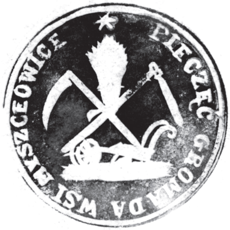 (1854)
Odciski pieczęci urzędowych Mistrzejowic
z lat 1854 i 1861 oraz odcisk w wosku luźnej
pieczęci krakowskiej kapituły katedralnej,
wielowiekowego właściciela Bieżanowa;
w polu pieczętnym z prawej strony postać
św. Stanisława, pastorałem, z lewej strony
postać św. Wacława z włócznią, u dołu trzy
nisze z klęczącymi postaciami, nad świętymi
wyryte imiona: S[ANCTUS] STANISLAUS
S[ANCTUS] VENCZESLAUS,
w otoku napis: S[IGILLUM]
MINUS CAPITULI CRACOVIENSIS
(Archiwum Narodowe w Krakowie,
sygn. WMK XIV-80, s. 927, 1615;
sygn. 29/1597/77)