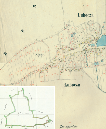 Centrum Luboczy na mapie katastralnej sporządzonej dla gminy katastralnej Lubocza w 1850 roku oraz
pochodzący z lat 1847–1848 plan sytuacyjny z wyrysowanymi granicami tej gminy i lokalizacją gmin sąsiadujących
(Archiwum Narodowe w Krakowie, sygn. K. Krak. 321; sygn. WM 562, nlb.)