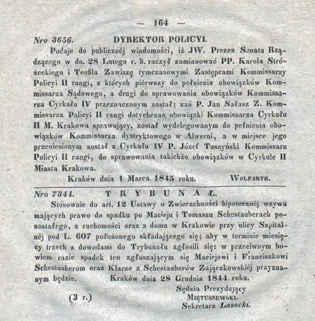 Urzędowe obwieszczenie dyrektora policji Wolnego Miasta Krakowa z 1845 r.
zawierające przydział służbowy dla komisarza Teofila Zawiszy
(DzRzWMK 1845, nr 41–42, s. 164)