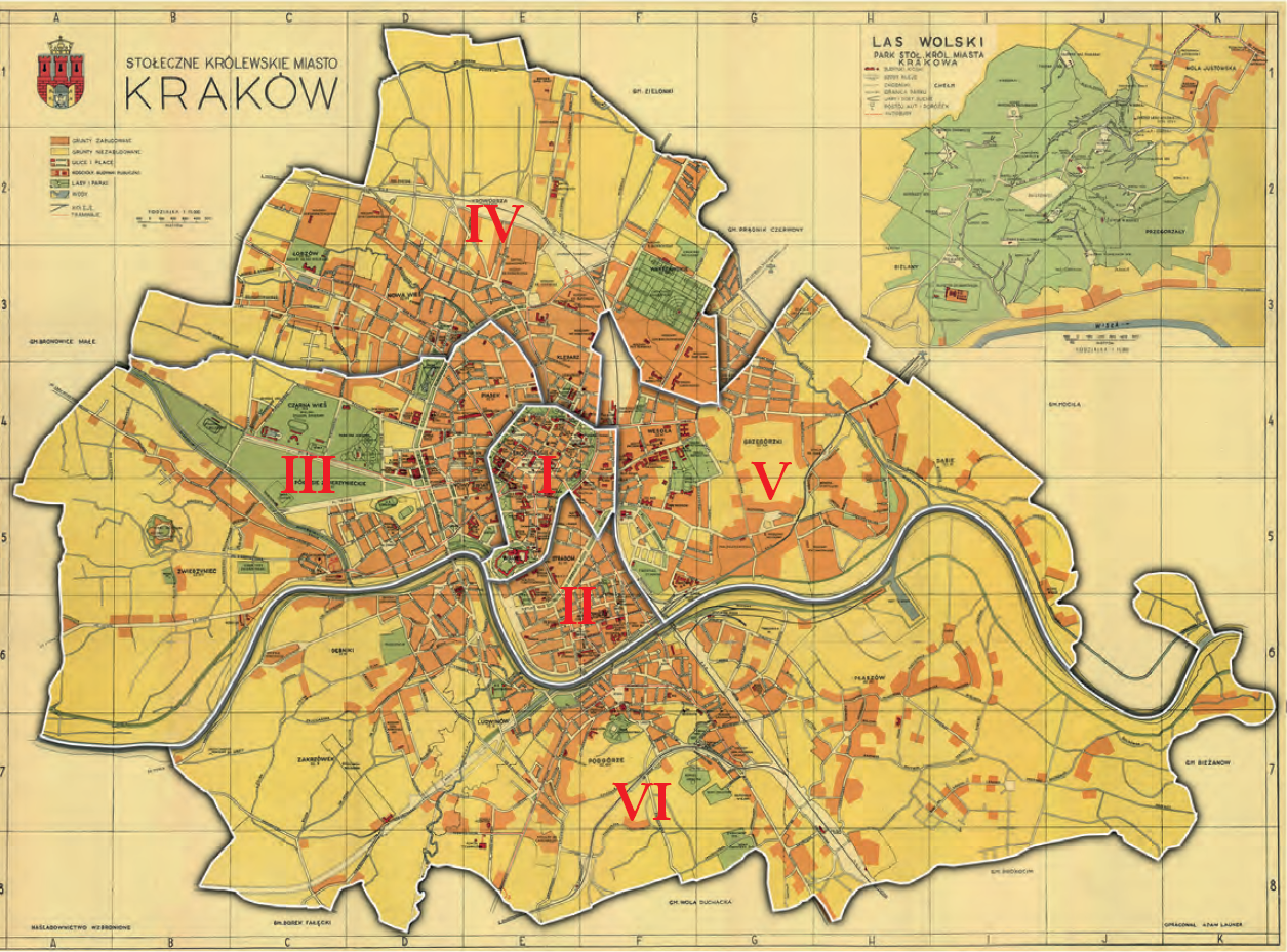 Podział Krakowa na 9 obwodów według stanu z 1938 r. – na planie Stołeczne Królewskie Miasto Kraków
wyrysowanym przez Adama Launera, wydanym ok. 1939 r. Podstawa rysunku granic obwodów: vide s. 178
(Biblioteka Jagiellońska, sygn. M 41/107)