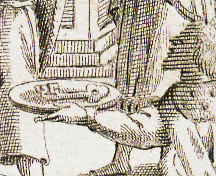 (314–315) Fragment odbitki graficznej miedziorytu Apoteoza Michała Korybuta Wiśniowieckiego,
powstałego w Norymberdze w 1669 r. – scena z 30 września 1669 r.: na krakowskim
Rynku król zasiada na majestacie i przyjmuje hołd Krakowa, Lwowa i Wilna oraz
przysięgę rajców miejskich; ukazano moment przekazywania władcy klucza do bram miasta
przez burmistrza Stanisława Kłosowicza (MNW, nr inw. Gr.Pol. 16388)