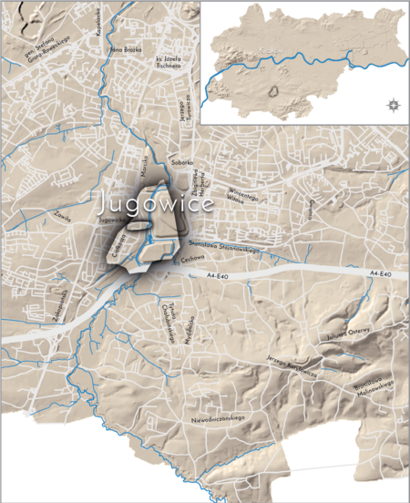 Orientacyjna lokalizacja dawnej wsi Jugowice w obecnych granicach Krakowa – na planie miasta oznaczono
jej położenie w kształcie wyznaczonym granicami jednostki katastralnej, jaką stanowiła, ze wskazaniem
najstarszego, historycznego centrum Jugowic w rejonie dzisiejszej ulicy Jugowickiej