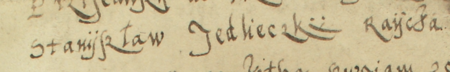 Z księgi wójtowskiej Kleparza obejmującej lata 1567–1571: początkowy fragment wpisu z 1568 roku dotyczącego
sporu w rodzinie Stanisława Jedleckiego, rajcy kleparskiego – oraz zbliżenie zapisu imienia i urzędu
(Archiwum Narodowe w Krakowie, sygn. KL 6, s. 4v)