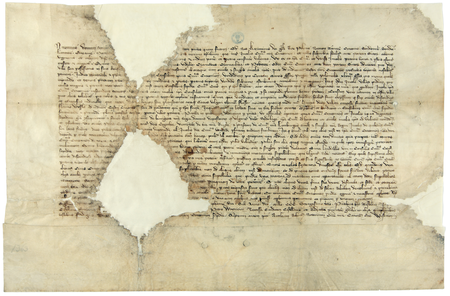 Dokument wydany w 1363 roku w Krakowie przez Kazimierza Wielkiego, mocą którego król między innymi sprzedaje mieszczanom
krakowskim wsie: Czarną Wieś, Czarną Ulicę i Podbrzezie, poddając ich mieszkańców sądownictwu rajców i wójta krakowskiego
(Archiwum Narodowe w Krakowie, sygn. perg. 43)