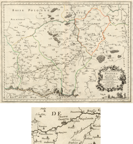 Pochodząca z wydanego w 1675 roku w Paryżu tomu II dzieła Nicolausa Sansona Cartes generales de la geographie ancienne…
etc. wyrysowana w roku 1666 mapa Małopolski z województwami krakowskim, sandomierskim i lubelskim; mapa
powstała w niespełna dekadę od wyzwolenia Krakowa i okolicy spod szwedzkiego i siedmiogrodzkiego najazdu i okupacji
w latach 1655–1657 – oraz powiększenie fragmentu mapy z Krakowem i jego bliskim sąsiedztwem
(Biblioteka Uniwersytetu Wileńskiego, zbiory Lelewela, sygn. M 1556, k. 114)