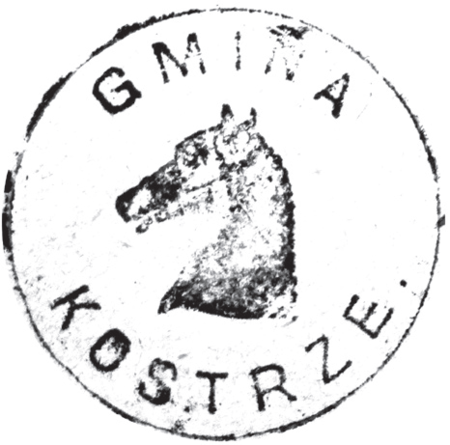 (1886)
Odciski pieczęci urzędowych Kostrza
z lat 1820 i 1886, Koła Tynieckiego
z 1843 roku (wówczas samodzielnego
administracyjnie) oraz odcisk pieczęci
z 1847 roku dominium tynieckiego obejmującego
także Kostrze i Koło Tynieckie
(CPAHU we Lwowie, sygn. fond 20, opis 1,
sprawa 264; Archiwum Opactwa Benedyktynów
w Tyńcu, sygn. 5/2/4/10; Archiwum
Narodowe w Krakowie, sygn. K. Krak.
op. 68, s. 14; sygn. WM 563a, nlb.)