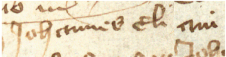 Z księgi radzieckiej Kazimierza obejmującej lata 1402–1416: fragment strony z otwierającym ją wpisem
dokumentującym wybór rajców na rok 1407, z Janem Elianusem w składzie – zbliżenie zapisu imienia
(Biblioteka Jagiellońska, sygn. rkps 1045/1, k. 135)