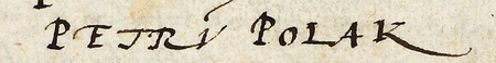 Z księgi radzieckiej obejmującej lata 1561–1567 strony 586–587 z wykazem rajców urzędujących
nominowanych na rok 1565, wśród których znajduje się Piotr Polak – oraz powiększenie zapisu imienia
(Archiwum Państwowe w Krakowie, sygn. rkps 445, s. 586–587)