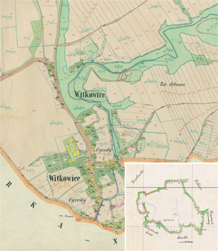 Centrum Witkowic na mapie katastralnej sporządzonej dla gminy katastralnej Witkowice w 1850 roku oraz pochodzący
z lat 1847–1848 plan sytuacyjny z wyrysowanymi granicami gminy Witkowice i lokalizacją gmin sąsiadujących
(Archiwum Narodowe w Krakowie, sygn. K. Krak. 668 III, V; sygn. WM 563a, nlb.)