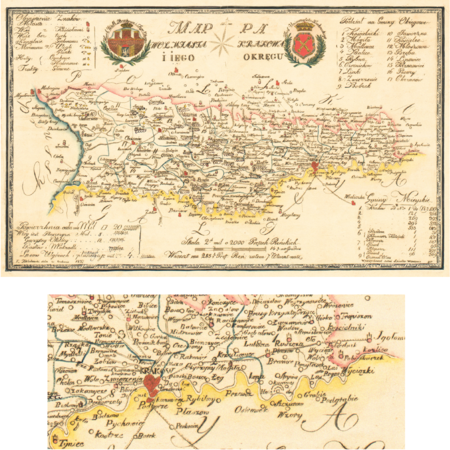 Pochodząca z 1827 roku Mappa Wolnego Miasta Krakowa i Jego Okręgu (Rzeczypospolitej Krakowskiej) wyrysowana przez geometrę
rządowego Królestwa Polskiego i Rzeczypospolitej Krakowskiej Karola Bełcikowskiego, który sporządził między innymi szereg map na
zamówienie Komisji Włościańskiej Wolnego Miasta Krakowa w ramach prac przygotowujących uwłaszczenie chłopów, w tym mapy dla
Mogiły i wsi wchodzących w skład klucza mogilskiego (vide s. 70); na powiększeniu fragment mapy z miejscowościami podkrakowskimi,
na północ od linii Wisły należącymi do Okręgu Wolnego Miasta, na południe od tej linii przynależnymi do cesarstwa austriackiego –
w przyszłości większość z miejscowości widocznych w kadrze zostanie przyłączonych do Krakowa
(Biblioteka Jagiellońska, sygn. M 40-3)