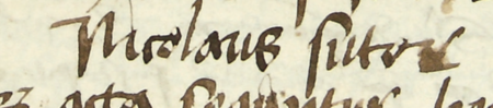 Z księgi radzieckiej Kazimierza obejmującej lata 1481-1508: fragment wpisu dokumentującego
wybór rady urzędującej na 1483 rok, z Mikołajem szewcem w składzie – oraz zbliżenie zapisu imienia
(Archiwum Narodowe w Krakowie, sygn. K 7, s. 36)