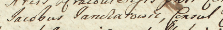 Z akt sądu wielkorządcy krakowskiego obejmujących lata 1697–1726: początkowy fragment wpisu z 1710 roku dokumentującego
stawienie się przed sądem Jakuba Janczarowicza, rajcy kazimierskiego, z żoną Jadwigą – zbliżenie zapisu imienia
i urzędu (Archiwum Narodowe w Krakowie, sygn. Teut. 77, s. 906)