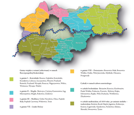 Na planie obrazującym dzisiejsze granice Krakowa miejscowości przyłączone do Krakowa po 1915 roku, oznaczone kolorami określającymi ich
przynależność do gmin wiejskich Rzeczypospolitej Krakowskiej oraz cyrkułów na terenie zaboru austriackiego w latach 1815–1837