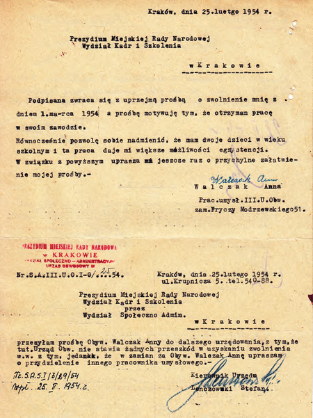 Z akt prezydialnych dokument z 1954 r., w którym kierownik Stefan Lenczowski
nadał bieg wnioskowi podległej pracownicy
(Archiwum Zakładowe Urzędu Miasta Krakowa)
